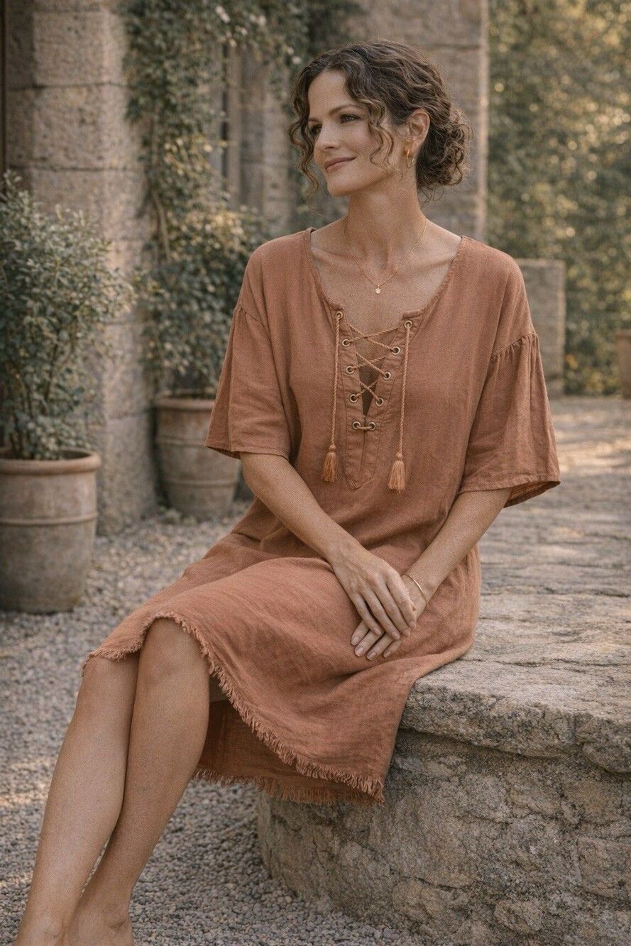 Love Tree Women’s Lace Up Linen Blend Dress Bohemian Lagenlook Hippy Sz M